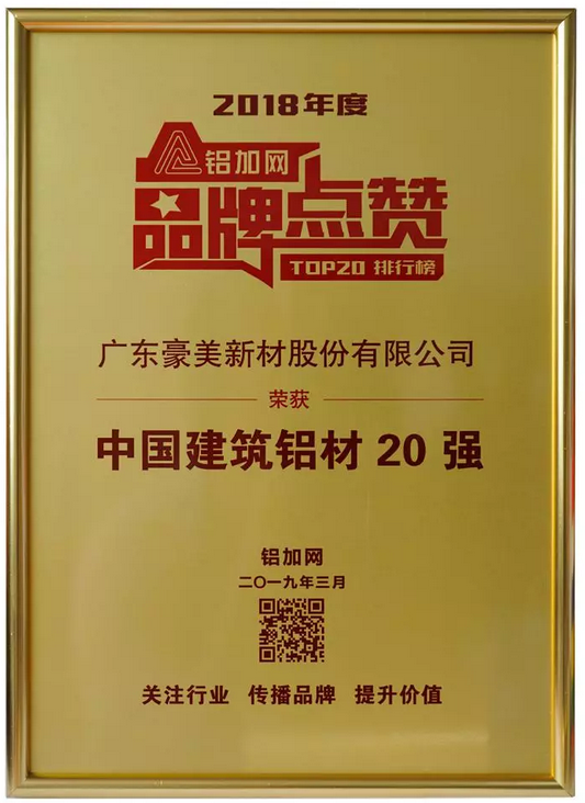 豪美新材获得“中国建筑铝材20强”及“中国工业铝材20强”两项荣誉称号
